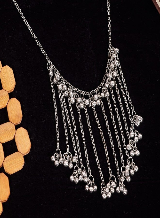 Siddhatva Handmade Statement Afghani Antique Silver Oxidized Indian Ethnic Tassel Ghungroo Bells Trendy Gypsy Necklace Jewelry Set Women (Silver) - Image 2